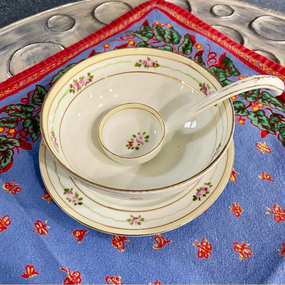 Hand Painted Vintage NIPPON Mayonnaise Bowl, Under Plate, & Spoon